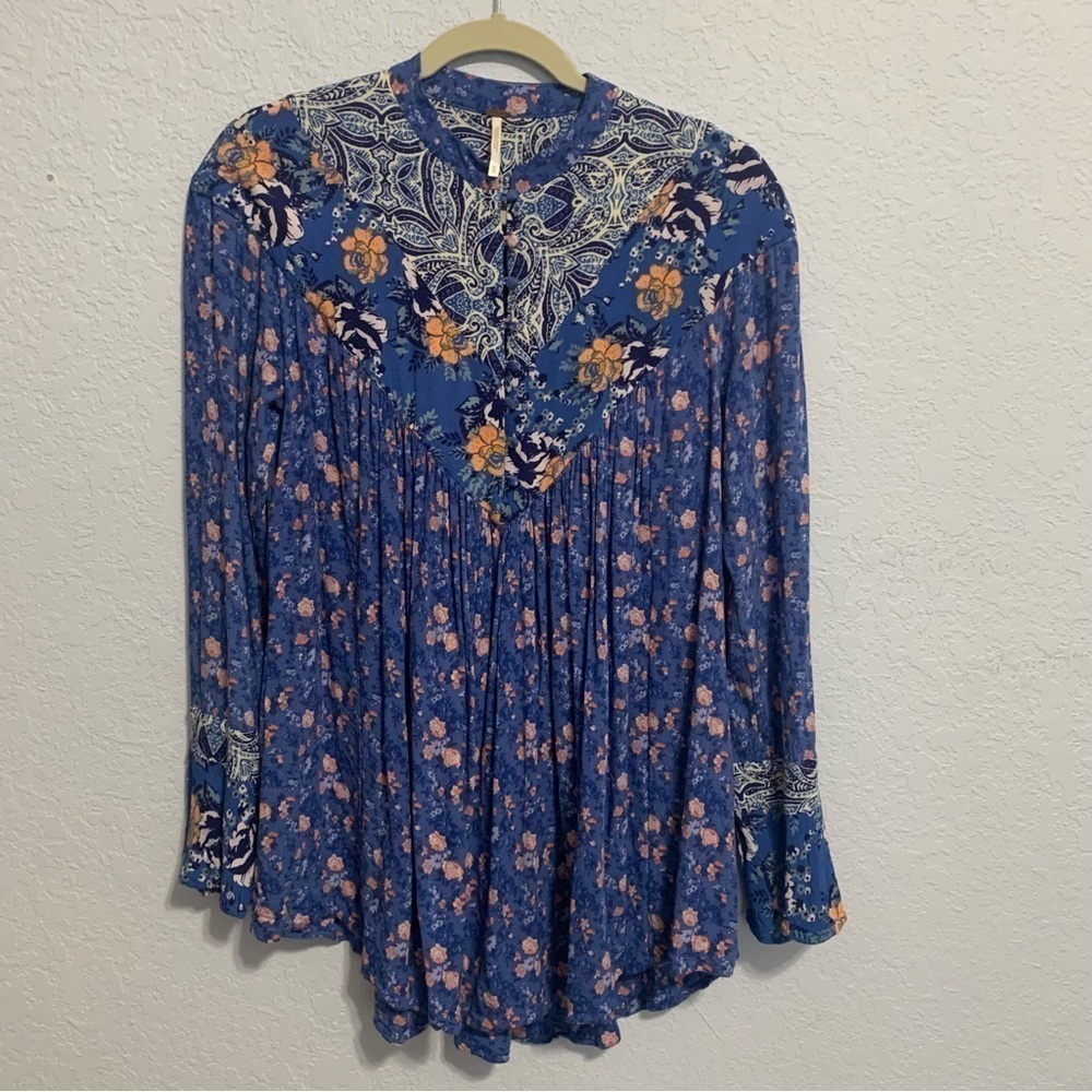 Free People Blue Floral Oversized Long Sleeves Boho Top